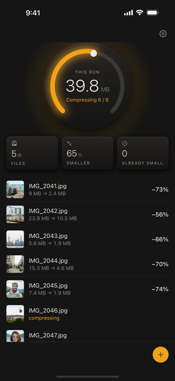 Tyniy on iPhone while compressing, in dark mode